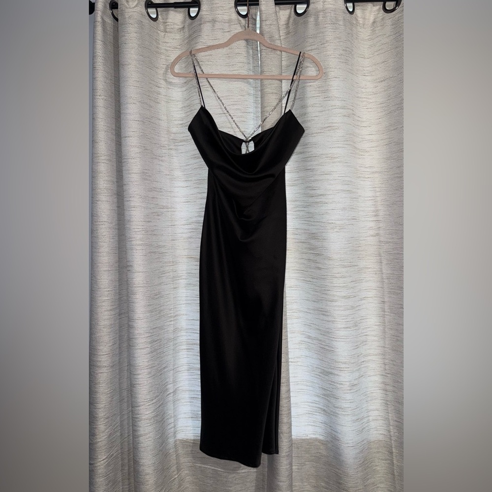 Scoop neck satin black midi dress with jewel lace up back